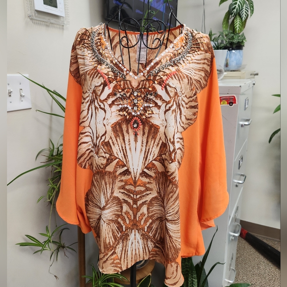 Chico's Orange and Brown Embellished Cap Sleeve Blouse